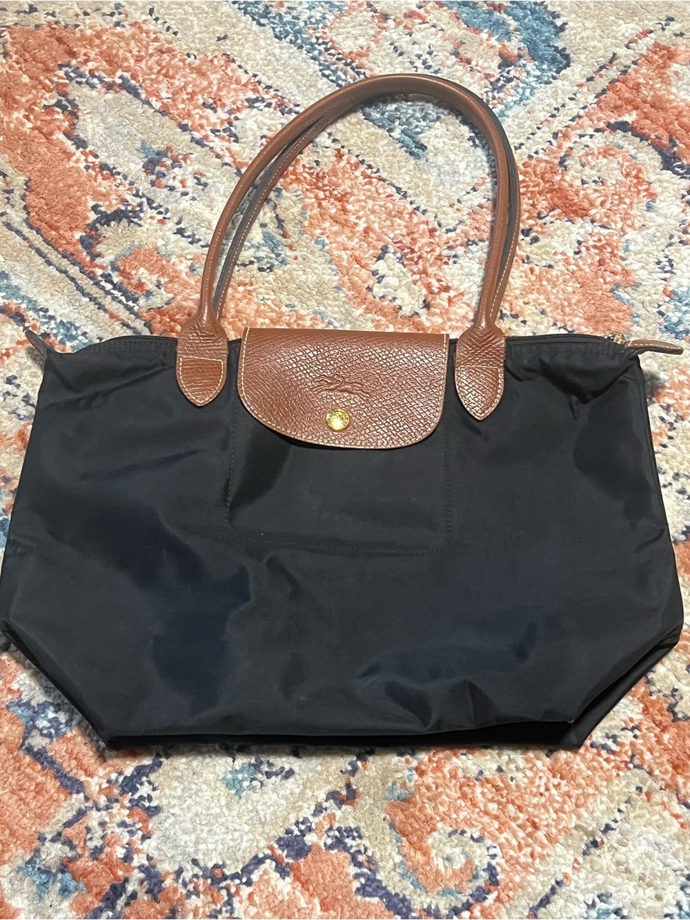 Longchamp Classic Black Tote with Brown Trim - Women Bags